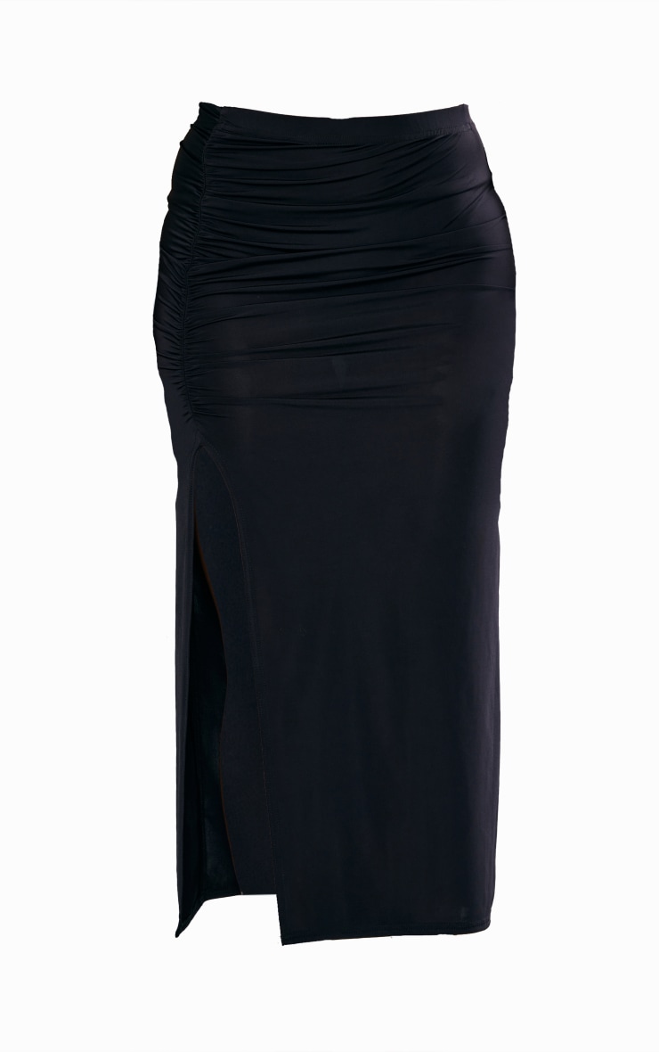 Black Slinky Ruched Side Midi Skirt image 3