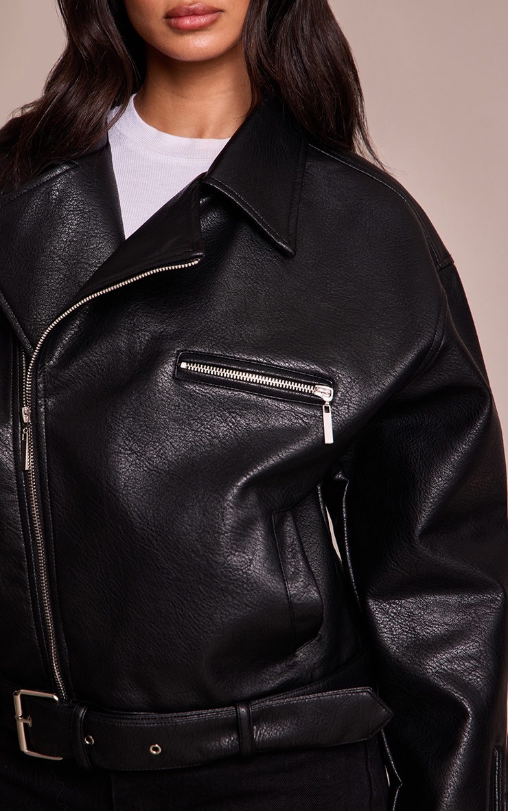 Petite Black Faux Leather Oversized Biker Jacket image 4