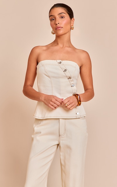 Petite Top bustier en jean écru à boutons asymétriques