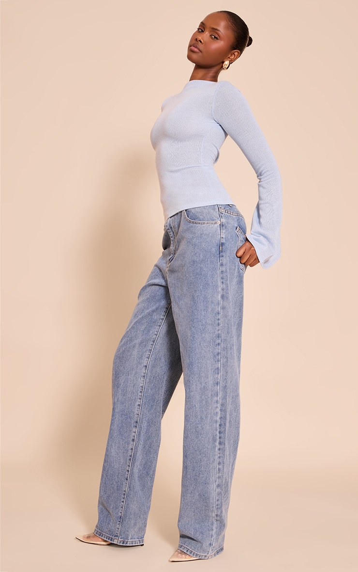 Sky Blue Textured Extreme Flute Sleeve Long Top image 3