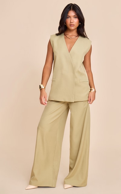 Sage Khaki Woven Extreme Wide Leg Pleated Mid Rise Wide Leg Pants