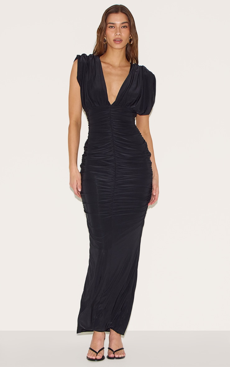 Black Double Layer Slinky Ruched Batwing Maxi Dress image 1