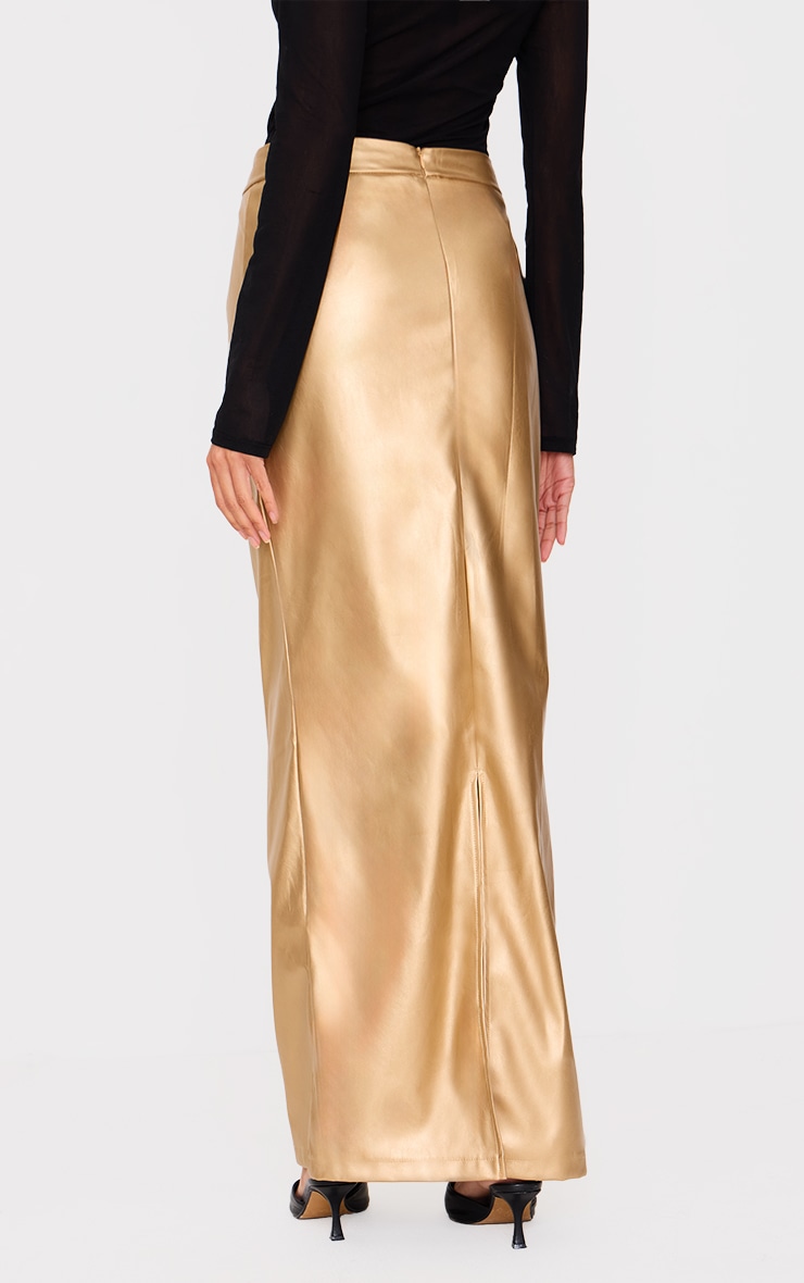 Gold Metallic Faux Leather Maxi Skirt image 3