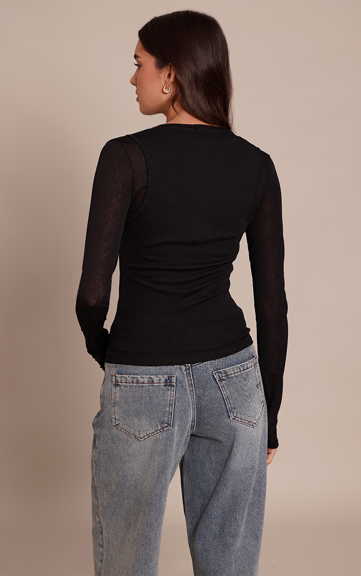 Black Burnout Mesh Overlay Detail Long Sleeve Top  image 2