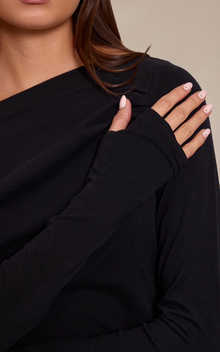 Black Soft Cotton Ruched Asymmetric Long Sleeve Top image 4