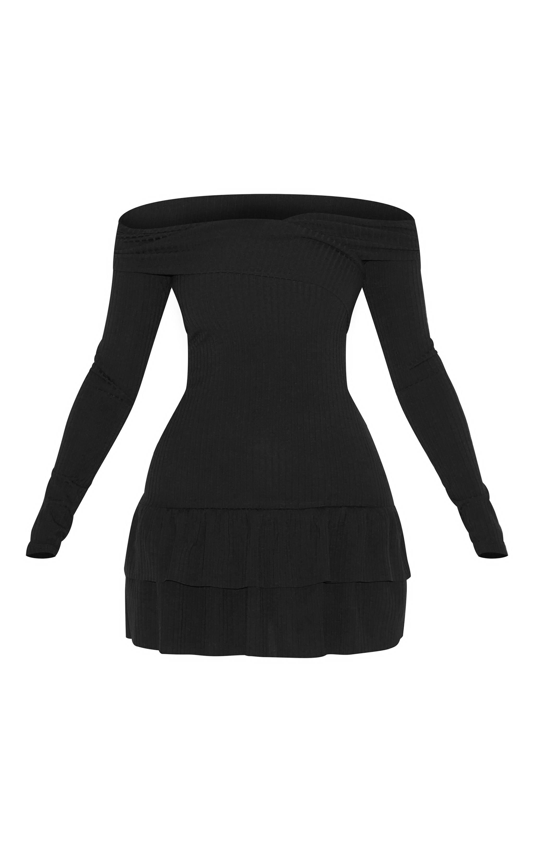 Black Ribbed Bardot Cross Over Bust Detail Shift Dress image 5