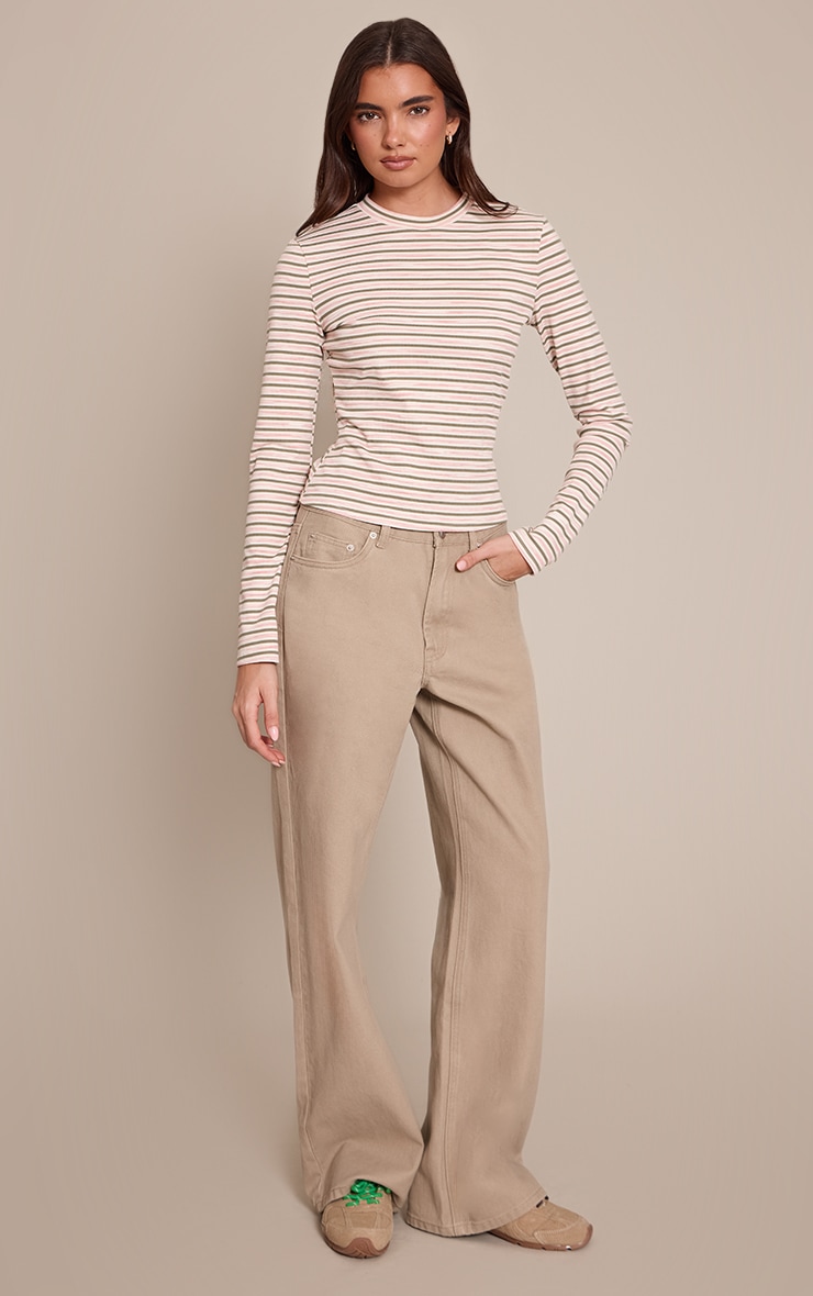 Khaki  Soft Rib Striped Detail  Fitted Long Sleeve Top  image 3