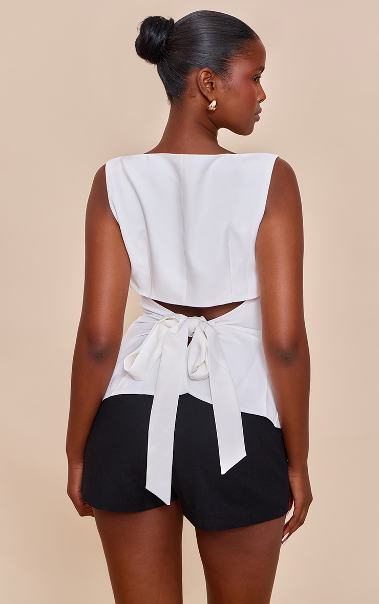 White Heavy Woven Tie Back Detail Structured Top image 1