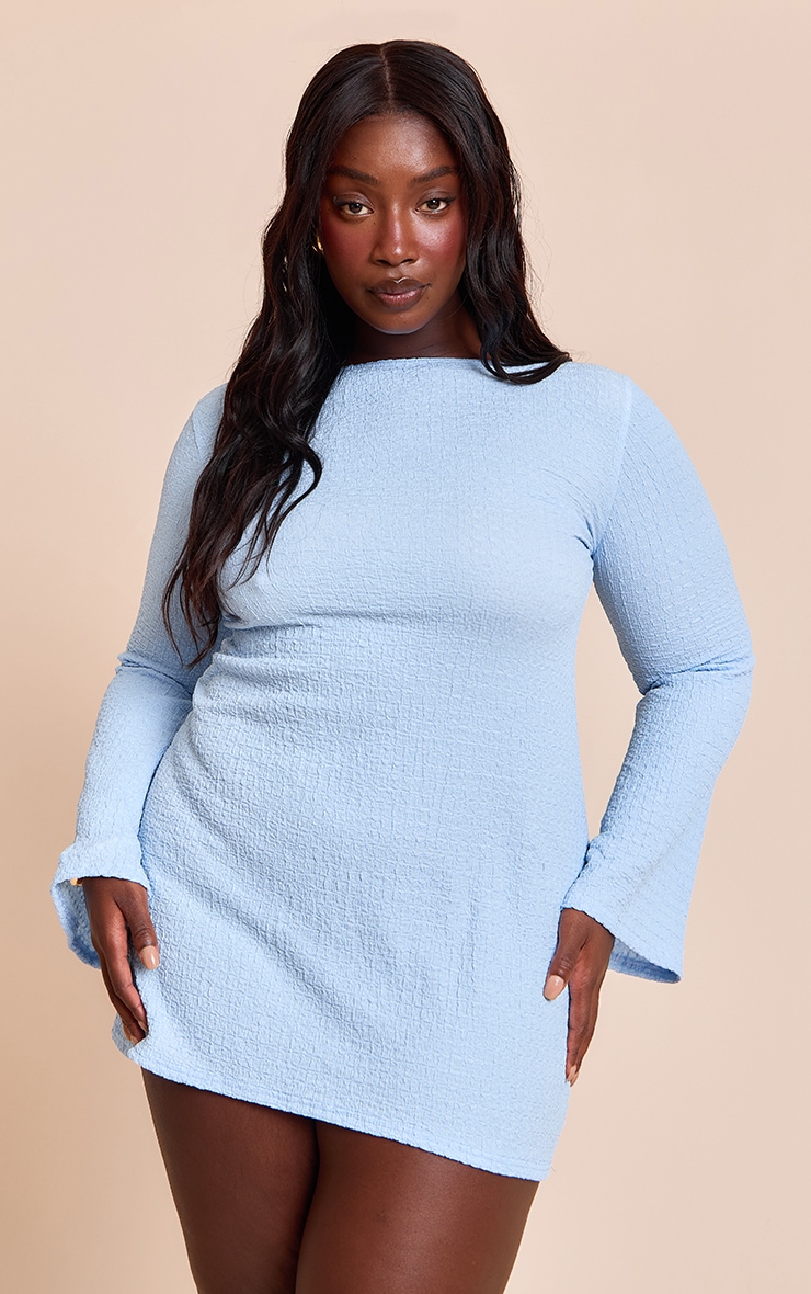Plus Light Blue Textured Boat Neck Long Sleeve Shift Dress image 2