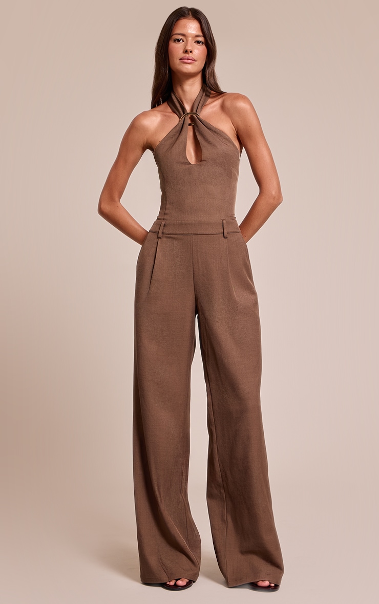 Chocolate Woven Halterneck Trim Wide Leg Jumpsuit image 3