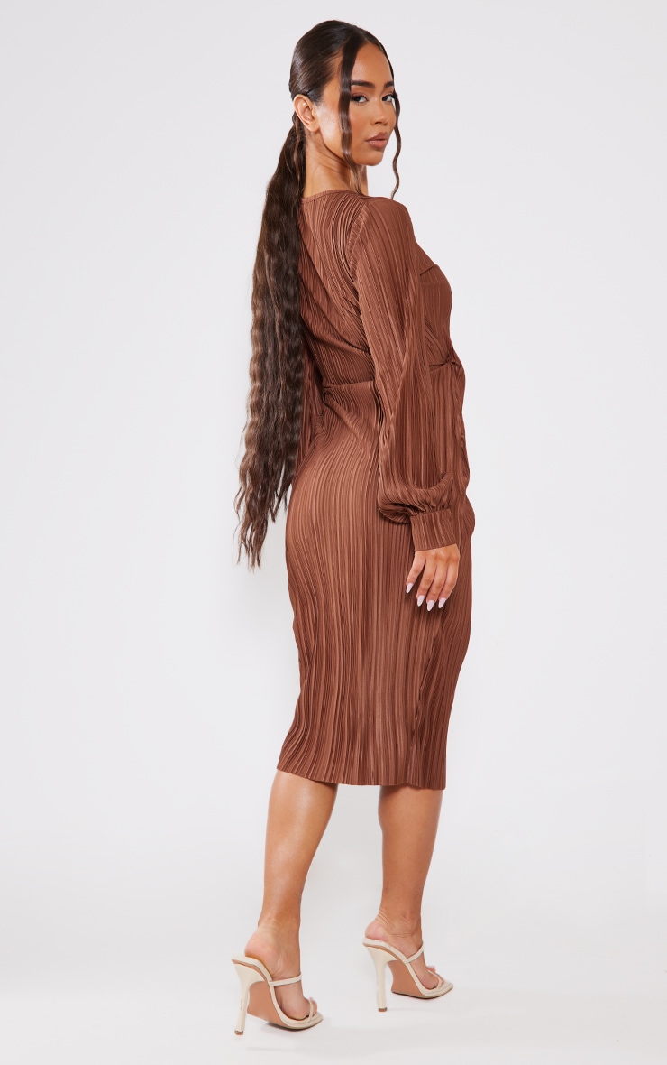 Chocolate Plisse Long Sleeve Wrap Midi Dress image 2