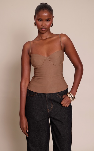 Mocha Woven Stretch Strappy Cami Top