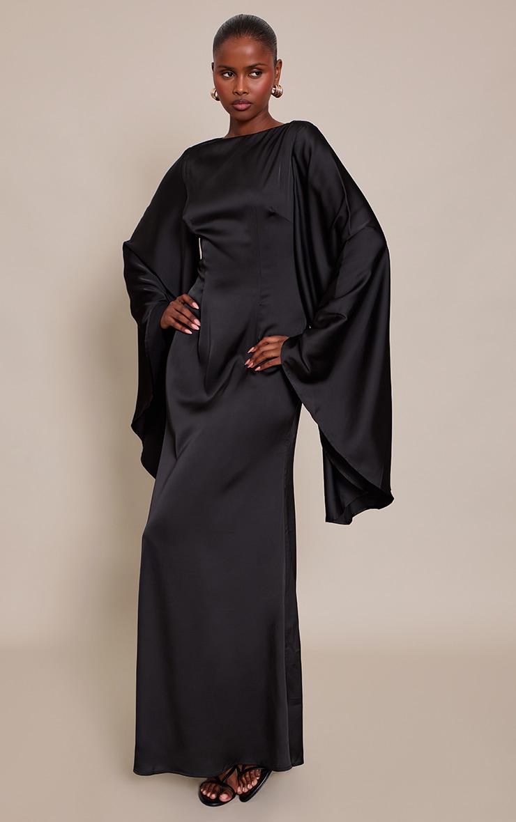 Black Satin Flared Sleeve Maxi Dress image 3