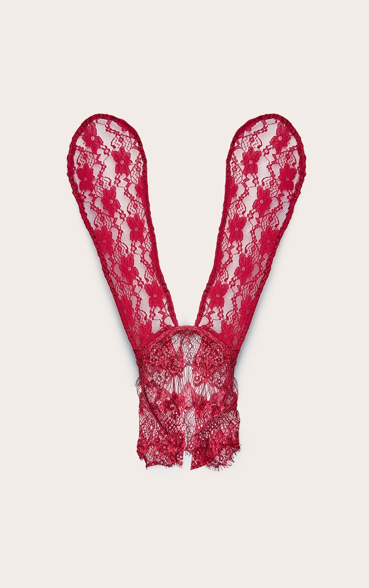 Burgundy Lace Veil Bunny Ear Headband image 2