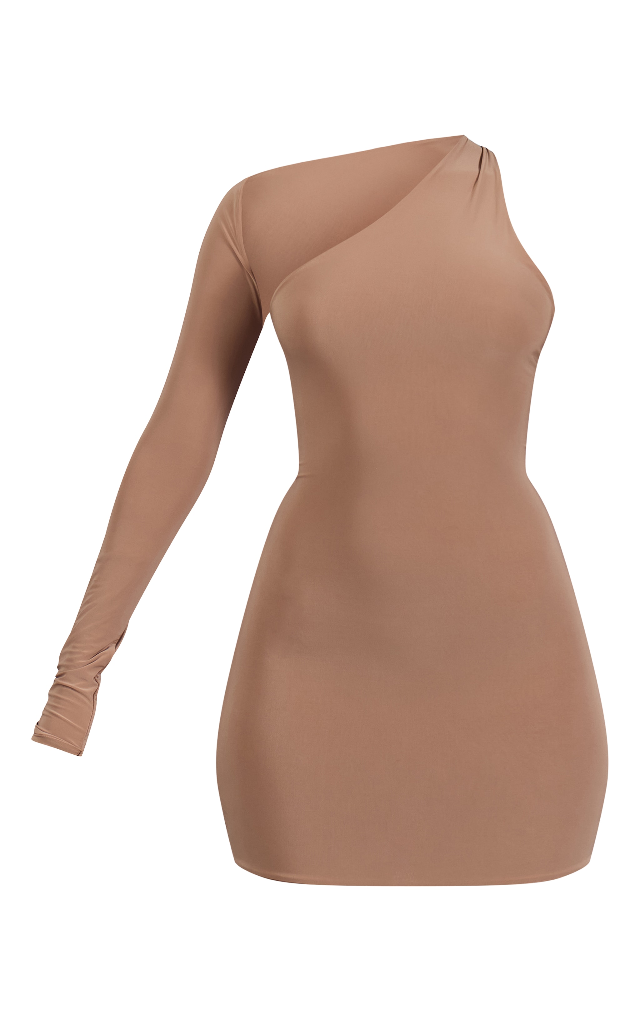 Beige Slinky One Sleeve Bodycon Mini Dress image 5