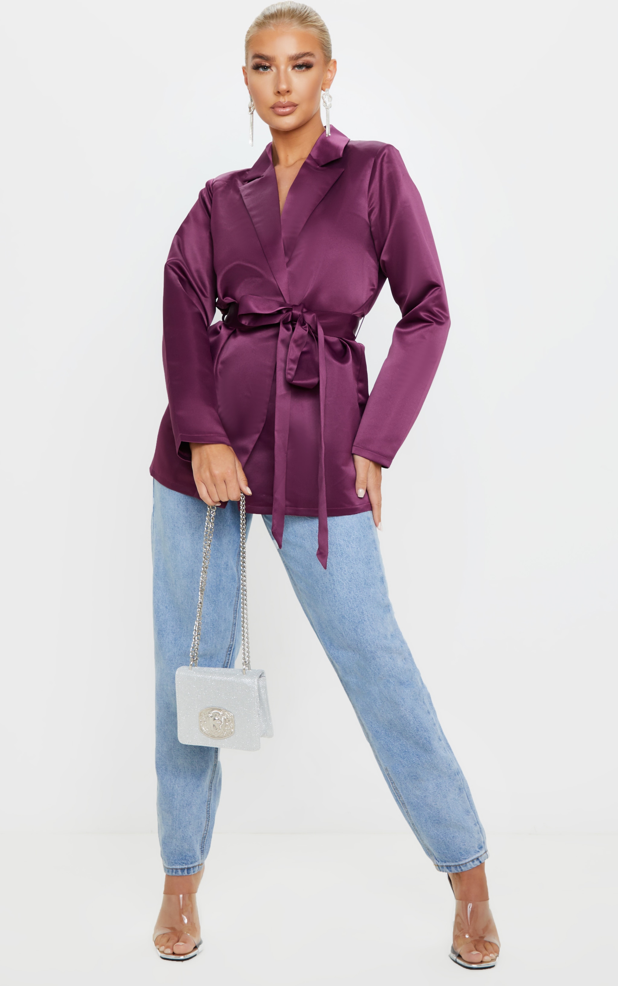 Plum Satin Wrap Belt Blazer Coats & Jackets PrettyLittleThing