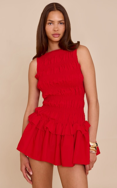 Robe de tailleur droite rouge froncée à volants