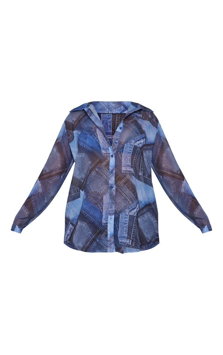 Blue Denim Pocket Print Chiffon Oversized Shirt image 1