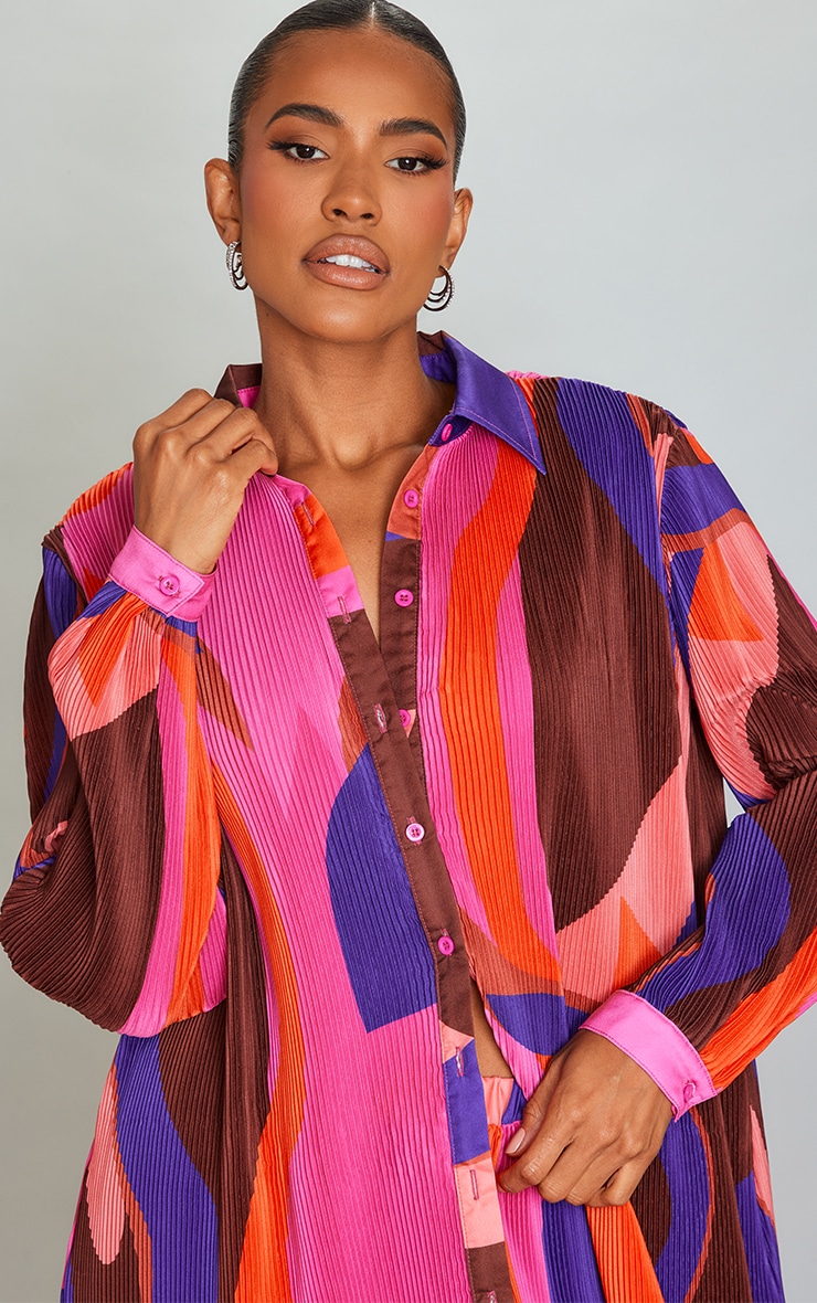 Pink Print Plisse Button Front Oversized Shirt image 4