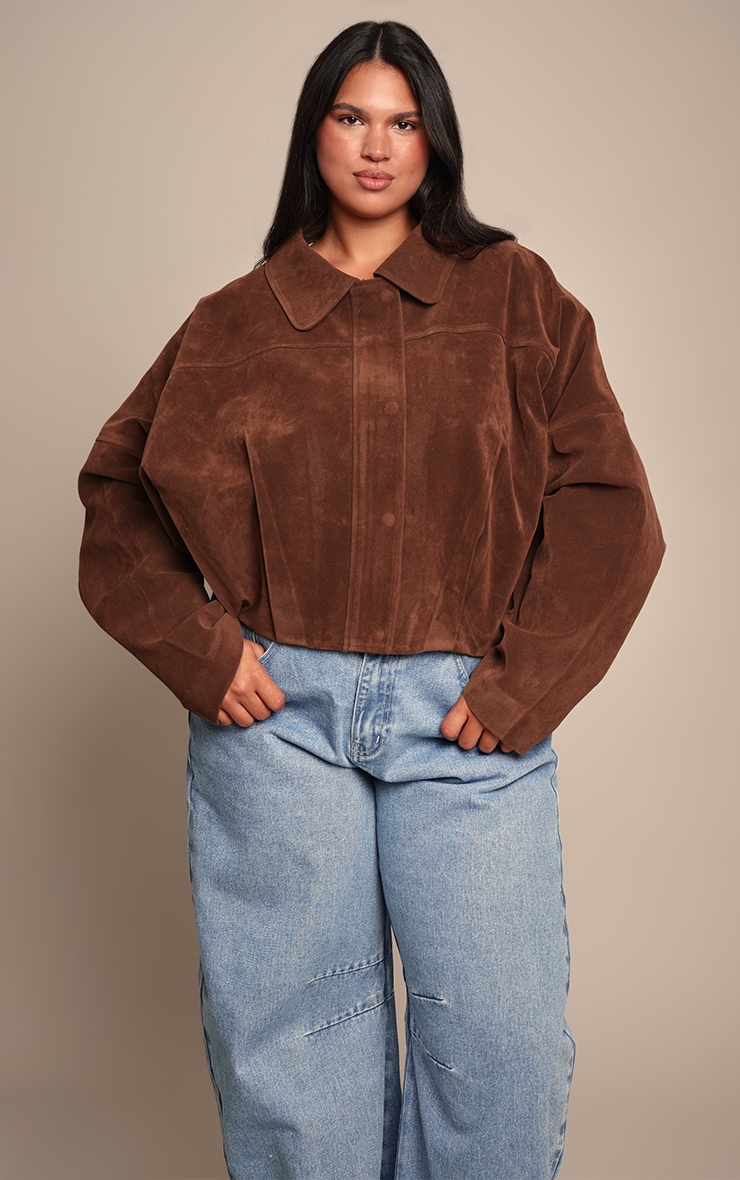 Plus Chocolate Faux Suede Covered Placket Bomber Jacket image 1