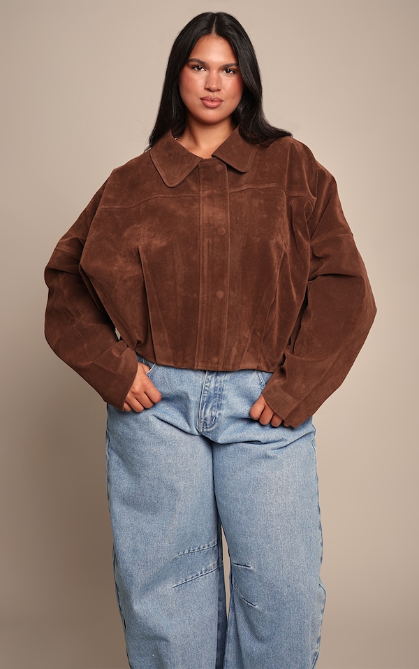 Plus Chocolate Faux Suede Covered Placket Bomber Jacket