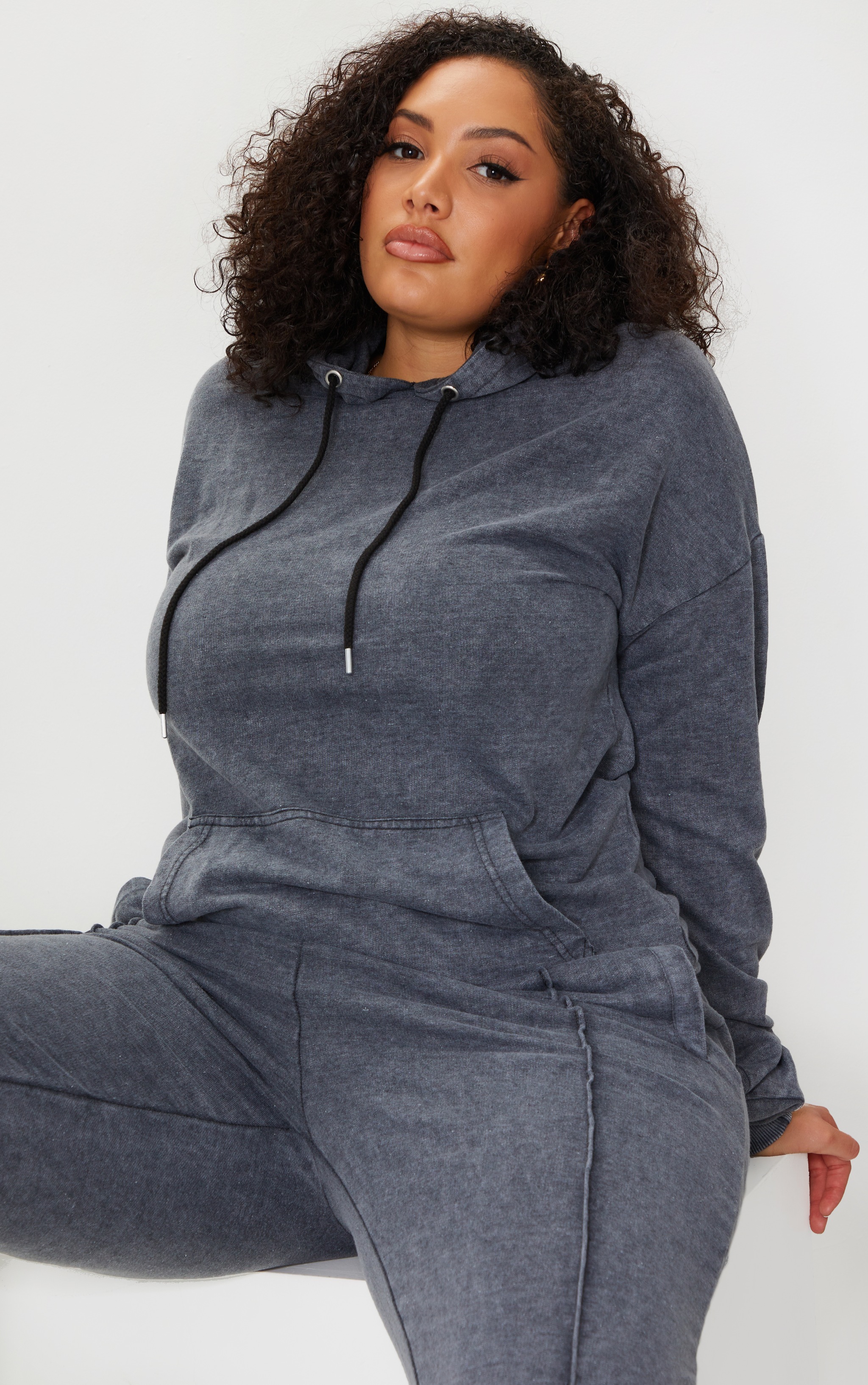 Plus Charcoal Acid Wash Pocket Detail Hoodie
