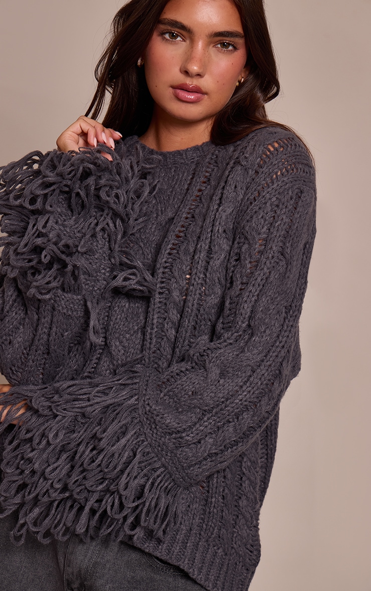 Charcoal Cable Knit Loop Trim Sweater image 4