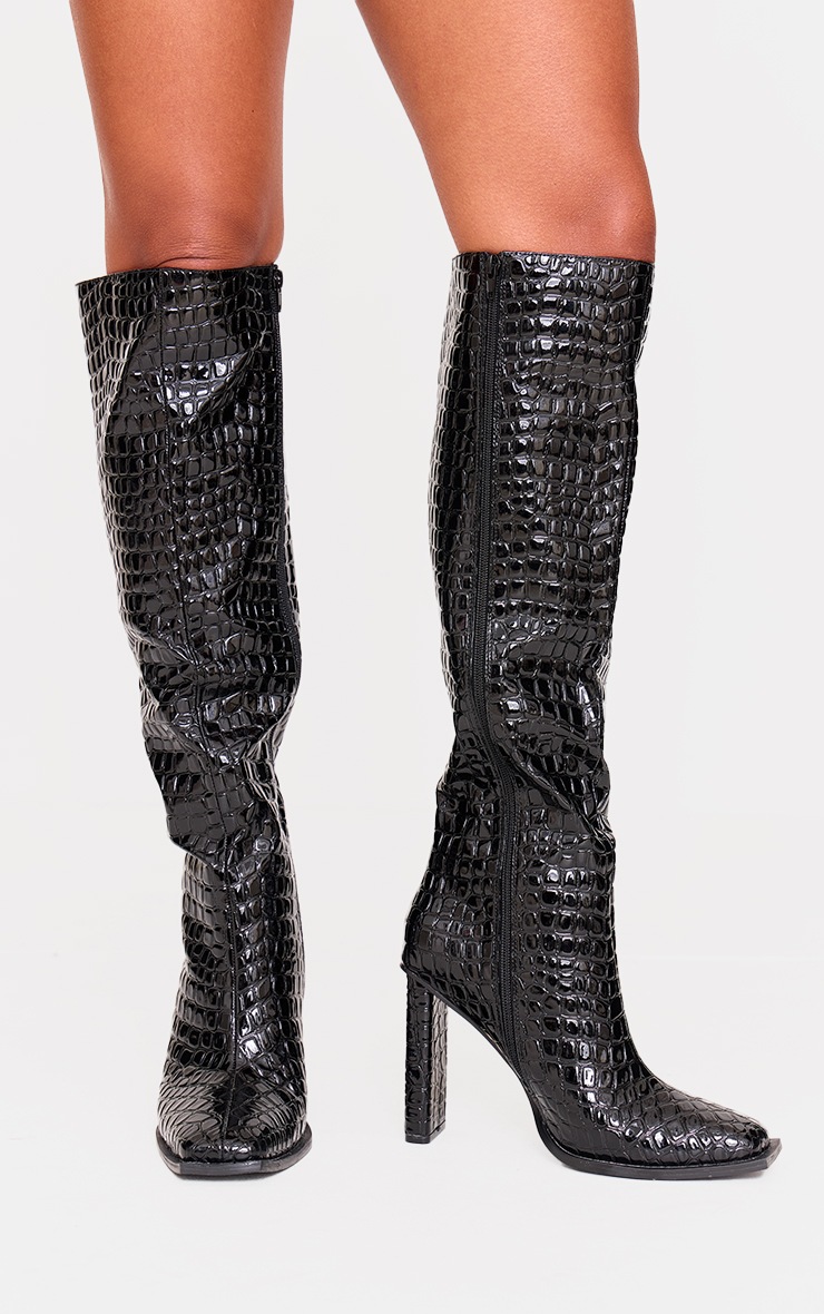 Black Croc Pu Point Toe High Block Heel Knee High Boots image 3