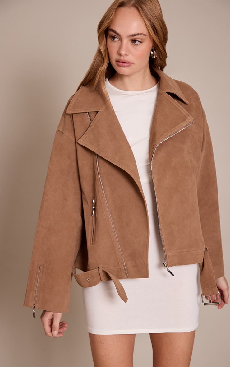 Camel Faux Suede Oversized Biker Jacket image 1