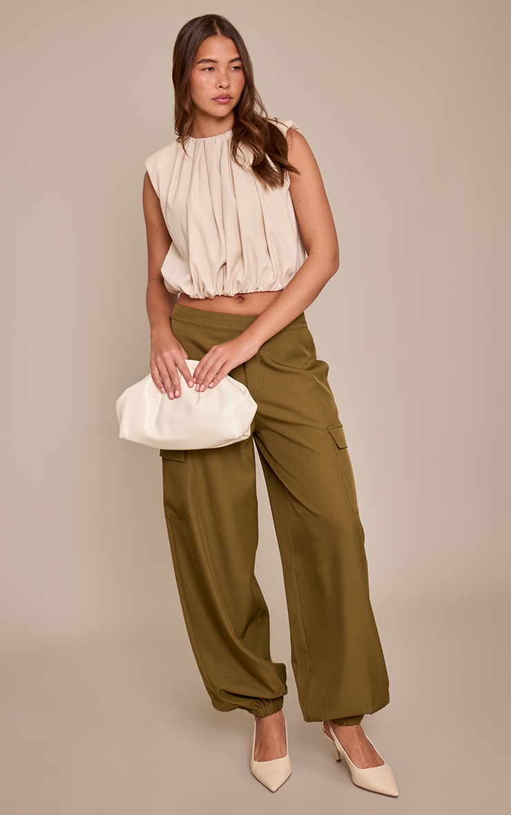 Beige Woven Pleated Bubble Hem Top  image 3