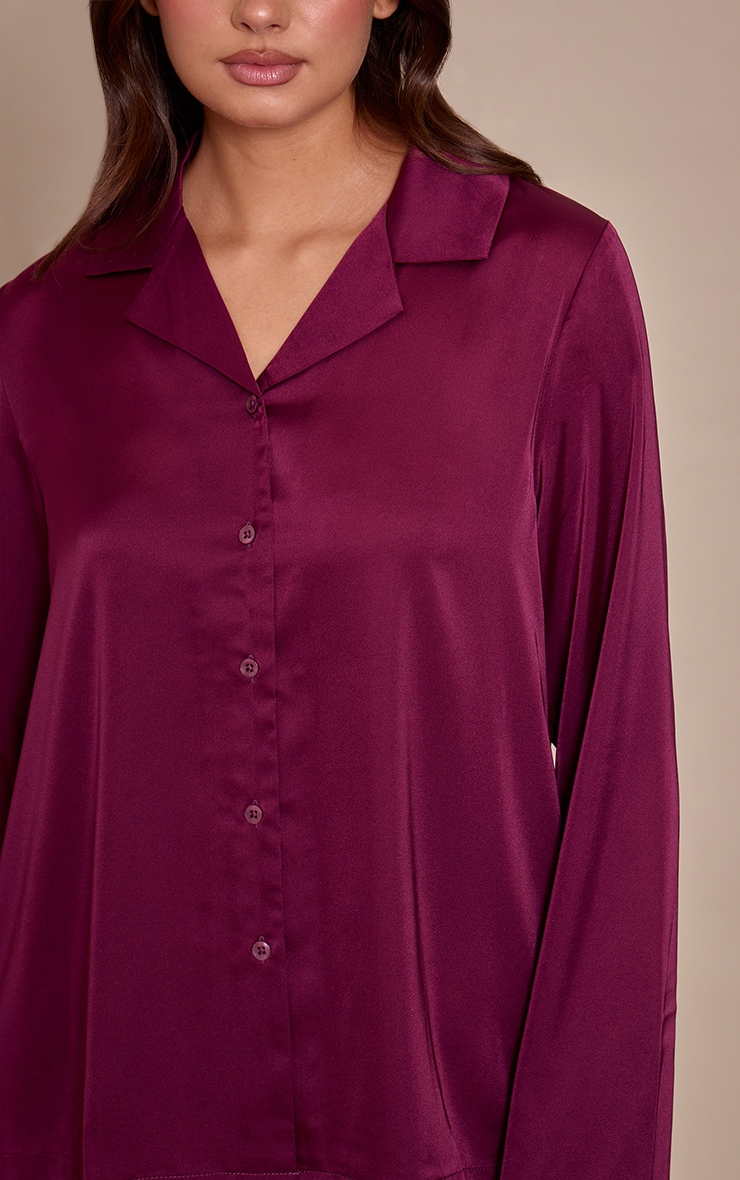 Wine Satin Long Sleeve Button Down Shirt PJ Set image 4