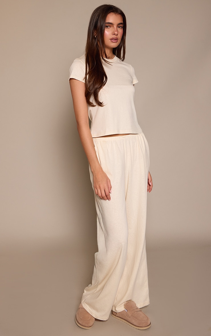 Cream Soft Textured Relaxed Wide Leg Pants image 2