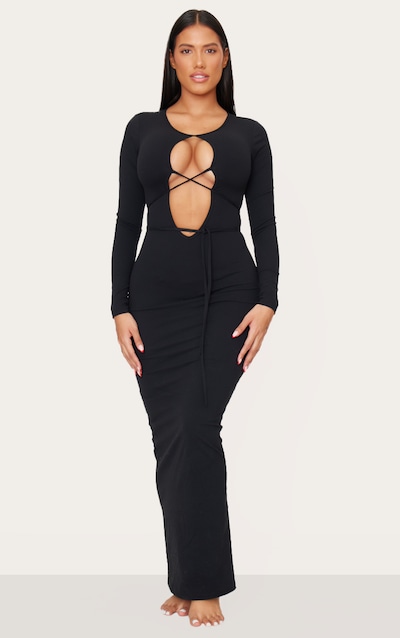 Shape Robe longue décolletée en Sculpt noir à brides sur la taille et manches longues