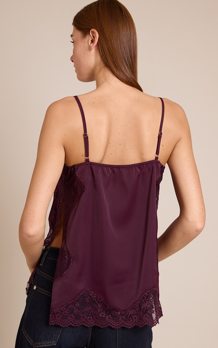 Dark Plum Woven Lace Trim Detail Strappy Cami Top