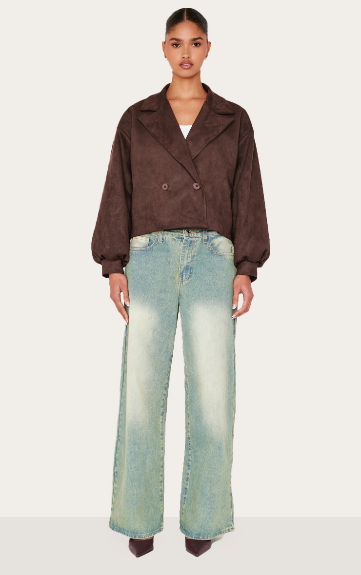 Chocolate Faux Suede Balloon Sleeve Trench Coat image 3