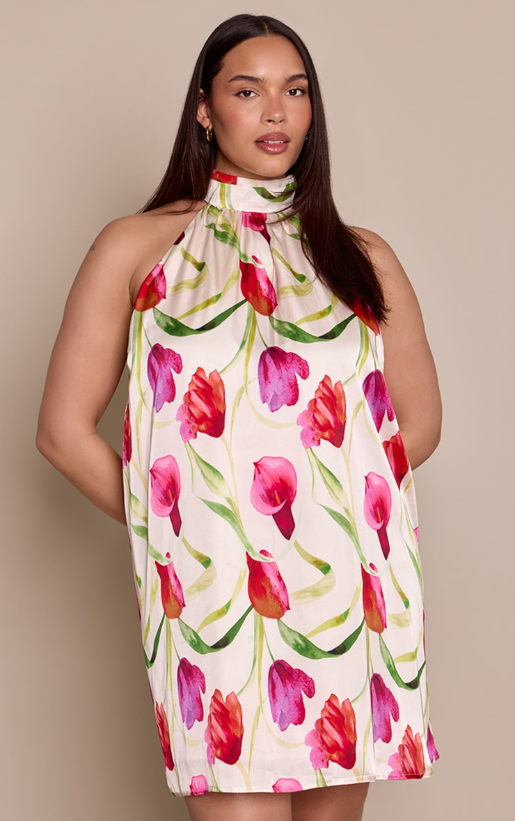 Plus White Floral Printed High Neck Shift Dress