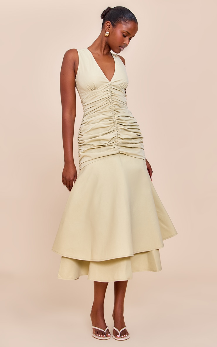 Sage Woven Ruched Dropped Waist Midaxi Dress image 3