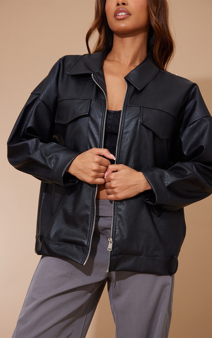 Black Oversized Faux Leather Zip Through Jacket image 4