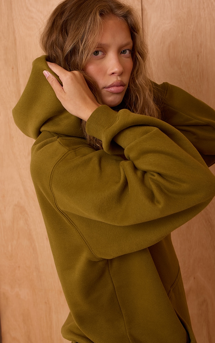 Olive Cotton Fleece Oversized Pull Over Hoodie image 4
