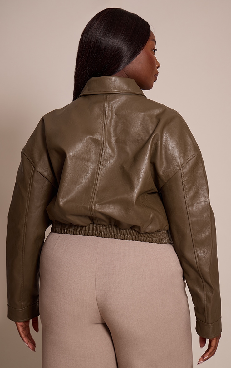 Plus Sage Green Textured Faux Leather Zip Up Minimal Biker Jacket image 2