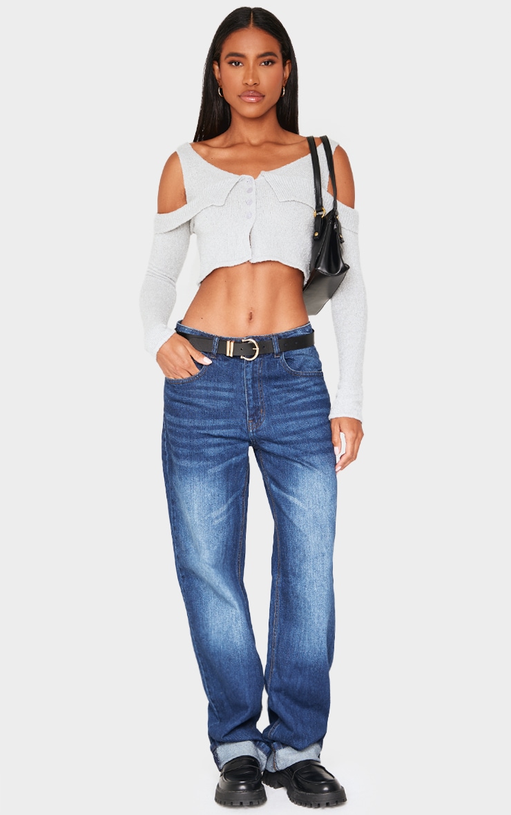 Grey Boucle Knit Cold Shoulder Button Up Top