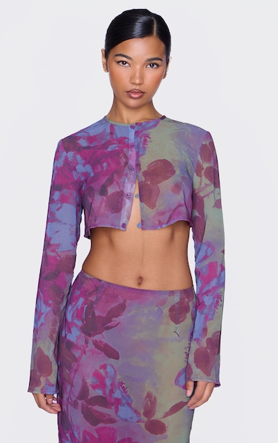 Multi Floral Print Chiffon Cropped Blouse