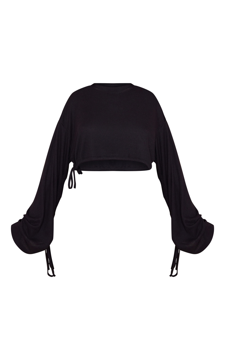 Black Rib Ruched Sleeve Elasticated Waist Crop Top image 5