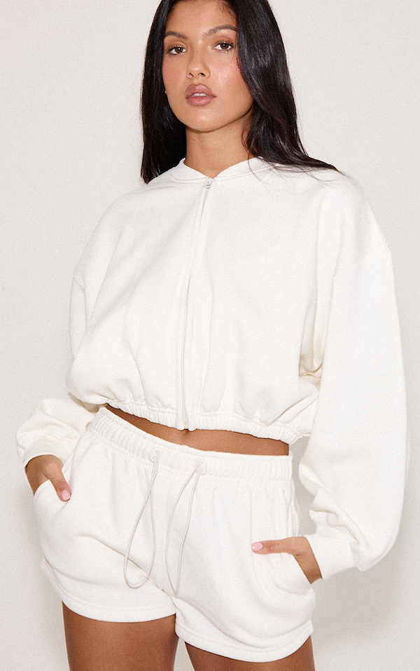 Off White Drawcord Waist Cropped Zip Up Sweatshirt