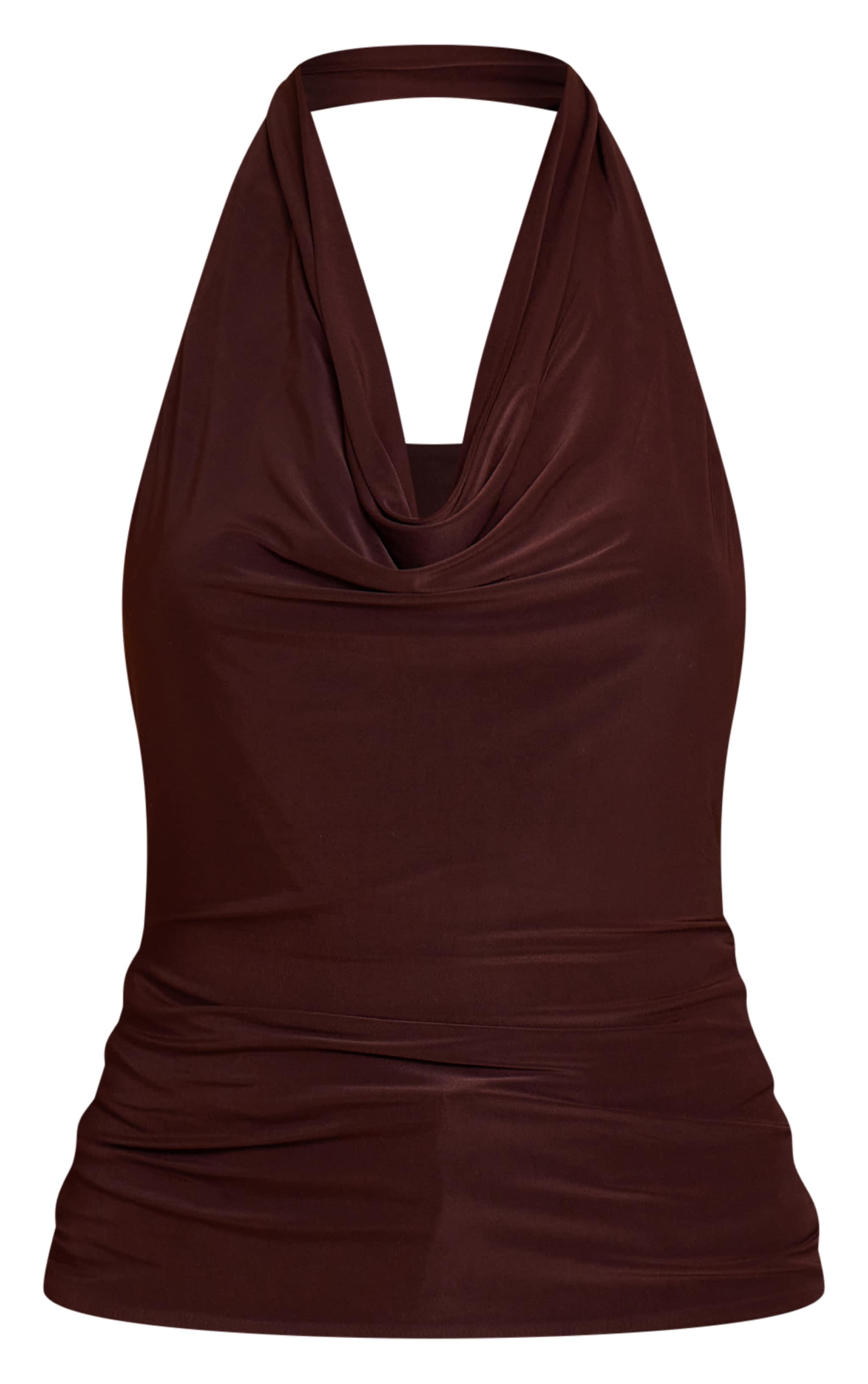 Chocolate Double Layer Slinky Backless Trim Detail Long Top image 5