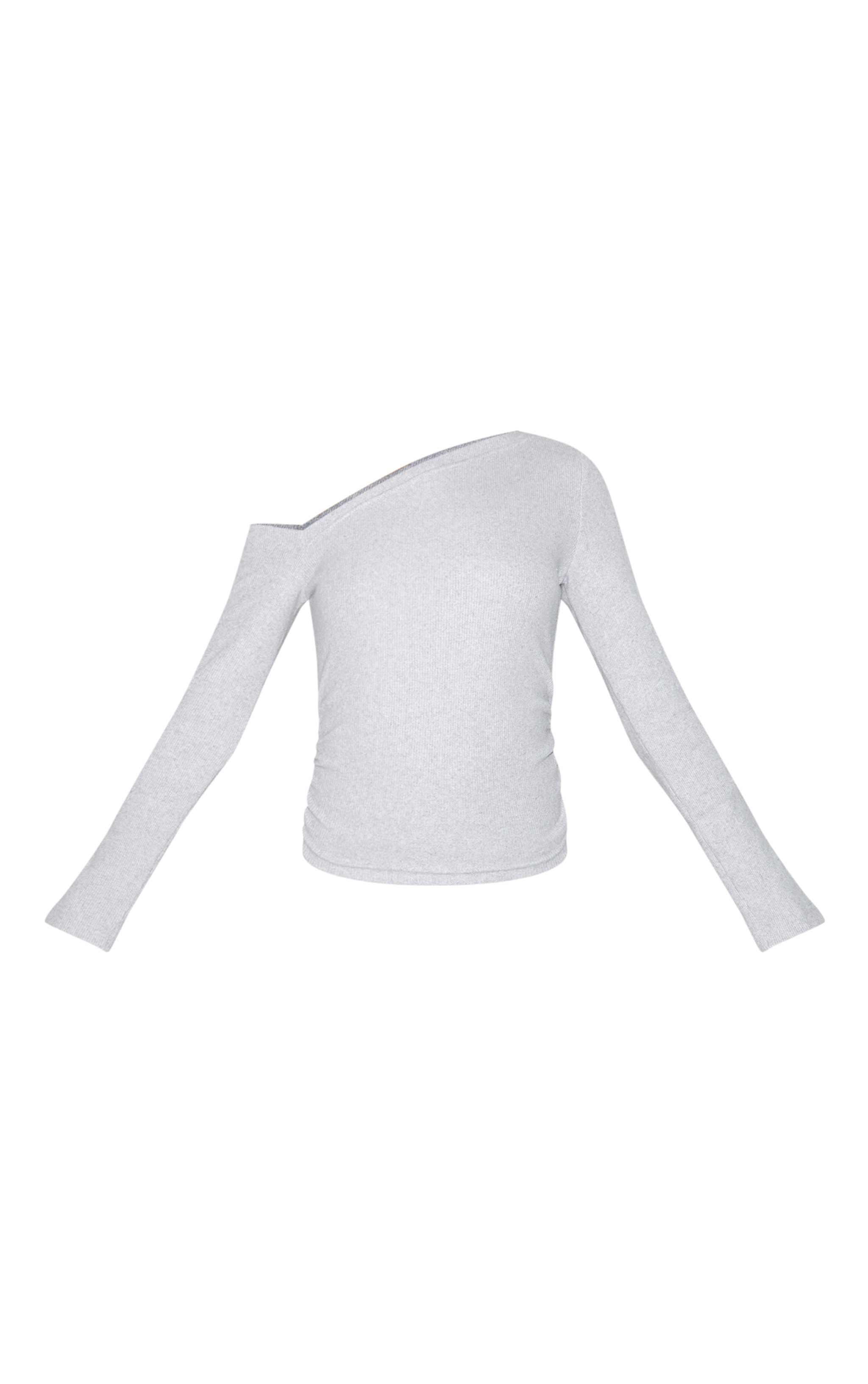 Grey Marl Rib Slouchy Asymmetric Ruched Long Sleeve Top image 5