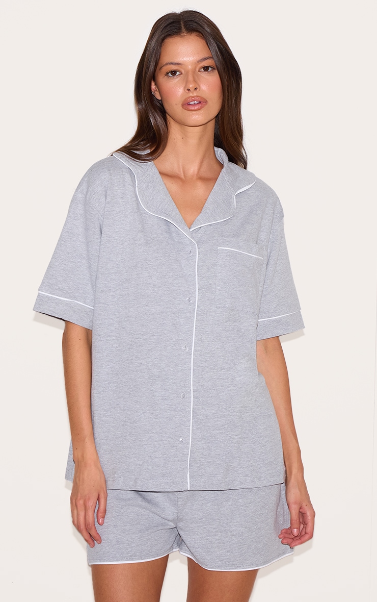 Grey Marl Jersey Piping Detail Short Pj Set image 1