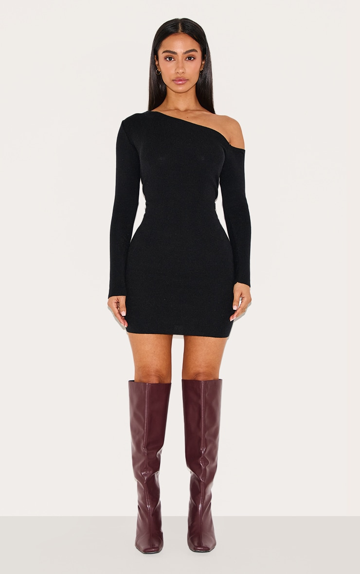 Petite Mini robe côtelée noire à épaules asymétriques image 3