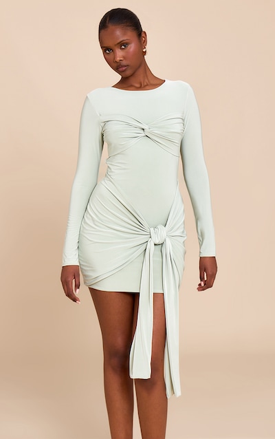 Mini robe moulante sauge à manches longues et détail torsadé noué