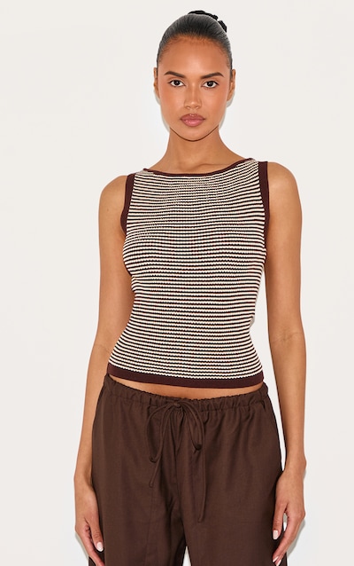 Chocolate Stripe Waffle Knit Boat Neck Top